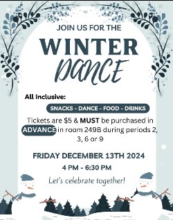 Winter Dance flyer. Snowmen on a white, winter themed background. All information on adjoining post.